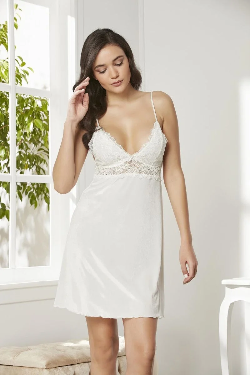 Kadife Saten Kadın Gecelik  - 845 Ekru