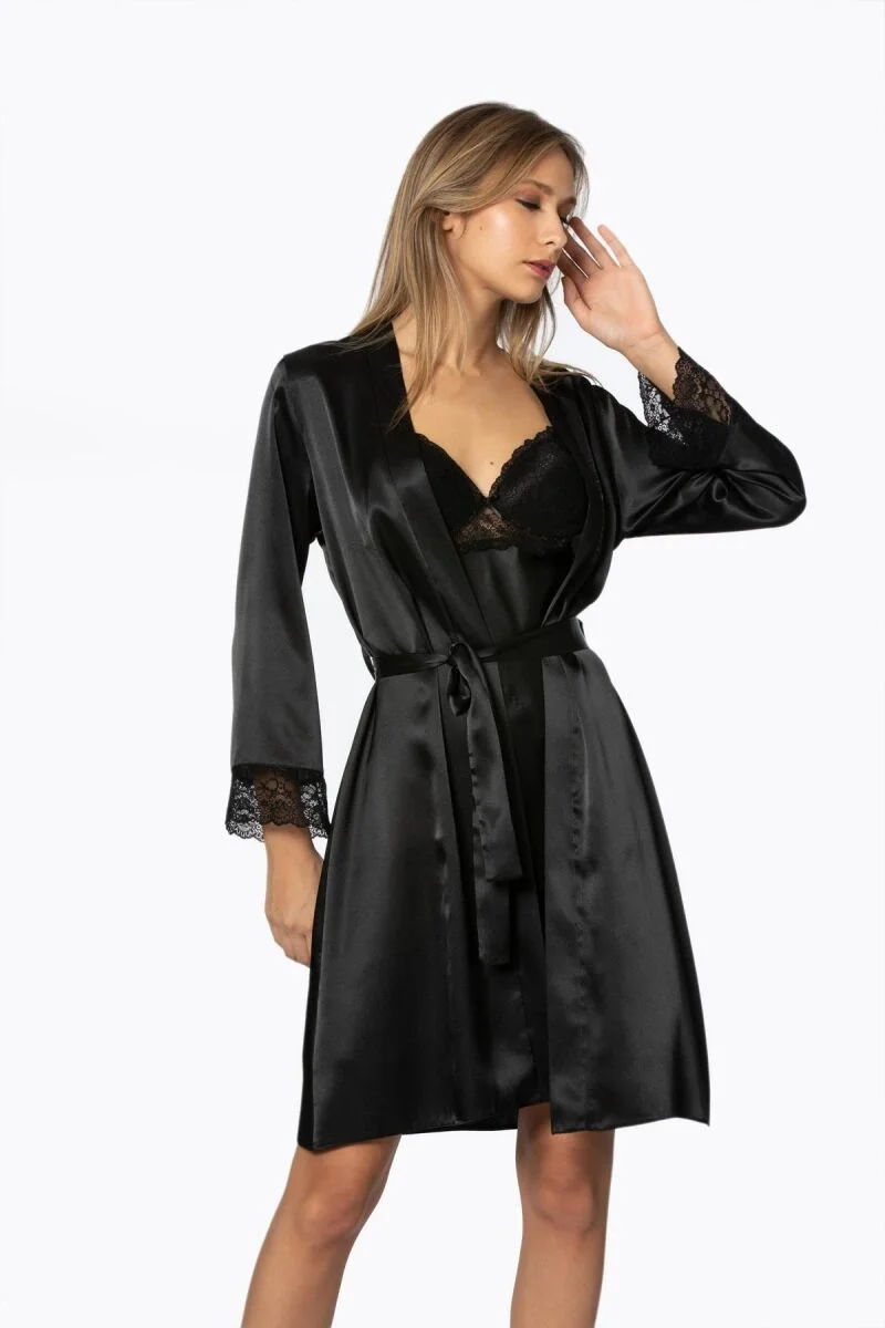 Saten Dantelli Kadın Gecelik ve Sabahlık Takımı - 4285 Siyah