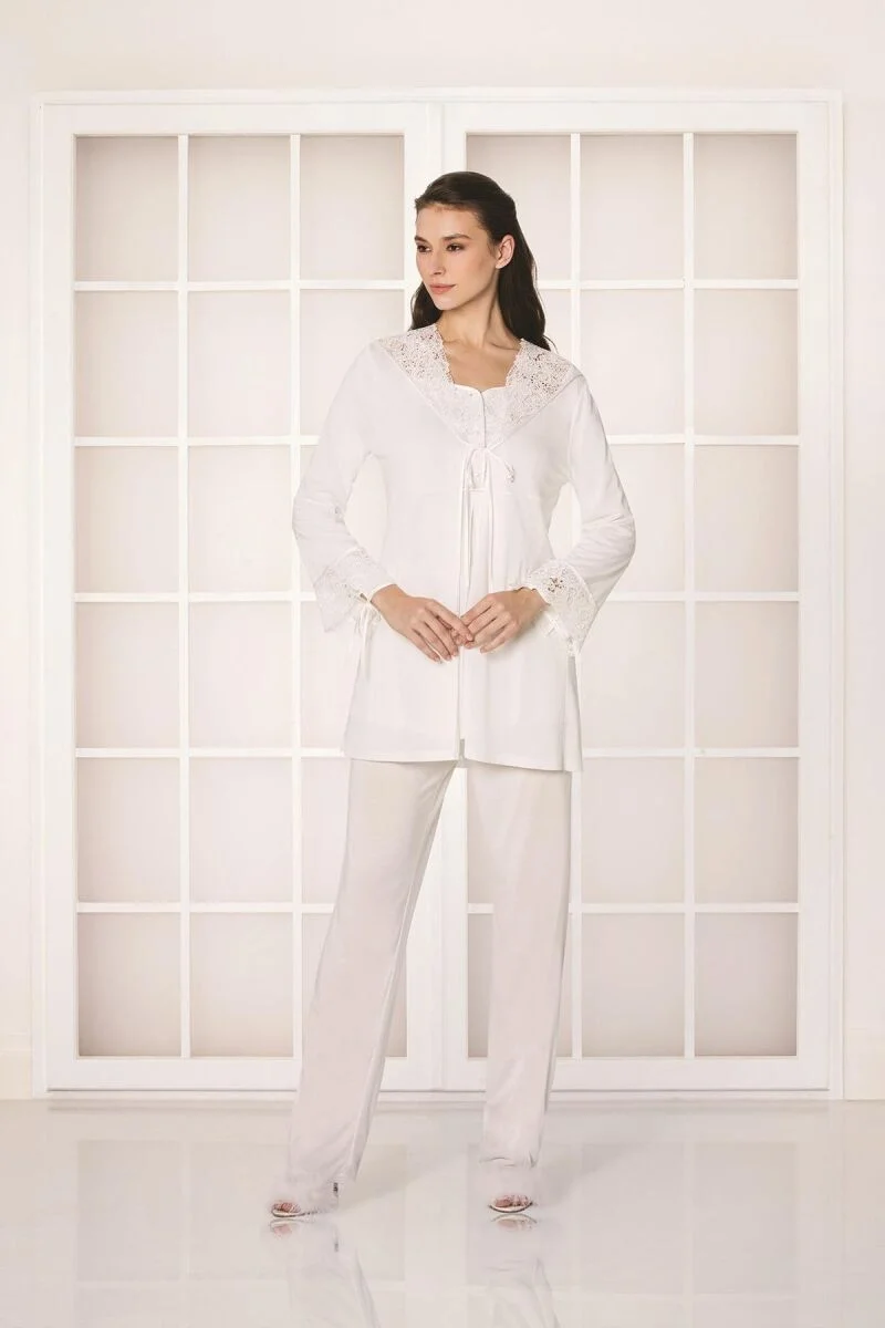 Güpürlü Penye 3'lü Lohusa Pijama Takımı  - 3050 Ekru