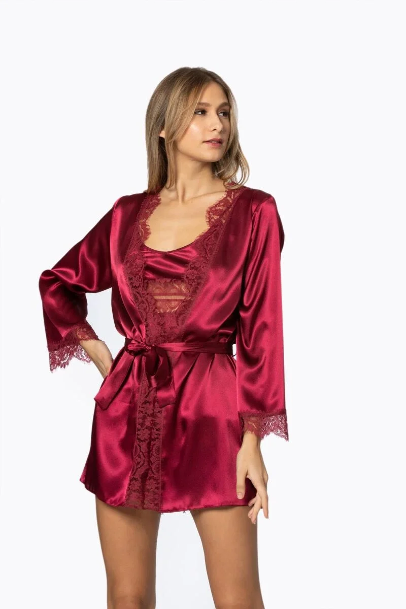 Saten Dantelli 3'lü Kadın Sabahlık Takım  2490 Bordo