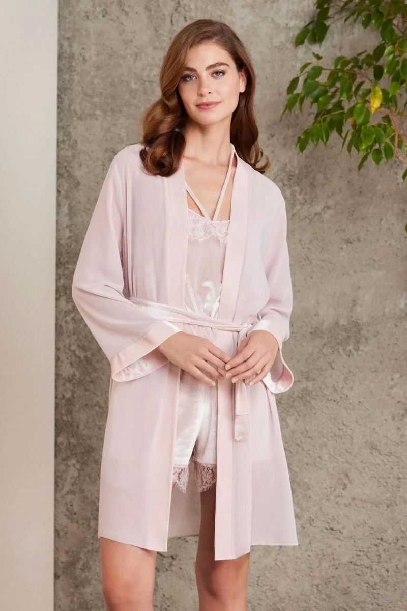 Dantelli Kadife Kadın Sabahlık Tulum Takım - 4800 Pudra