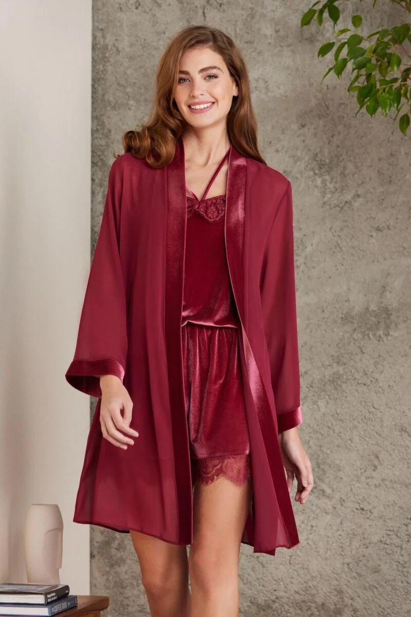 Dantelli Kadife Kadın Sabahlık Tulum Takım - 4800 Bordo