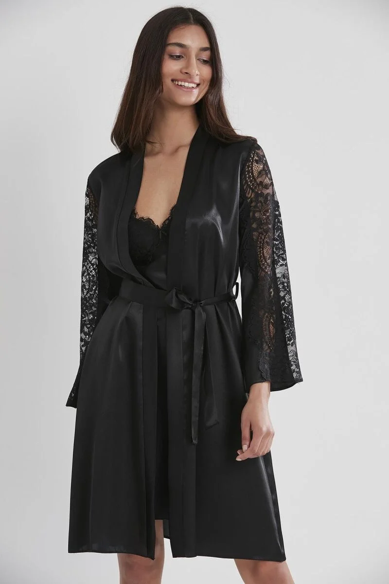 Saten Dantelli Kadın Gecelik ve Sabahlık Takımı - 4025 Siyah