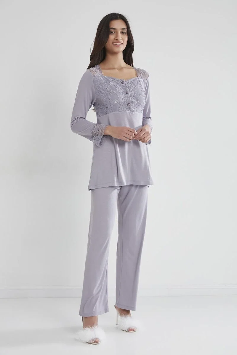 Penye Dantelli Lohusa Pijama Takımı -  1241 Royal