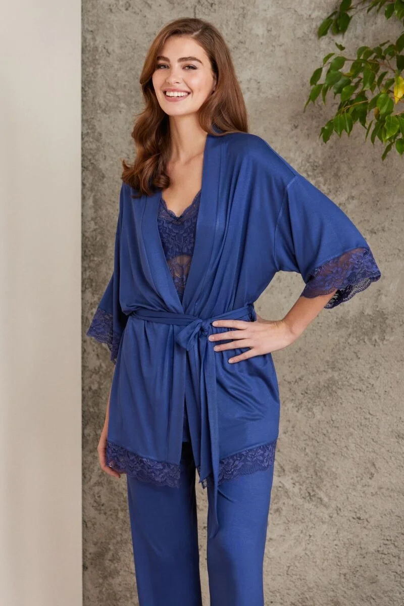 Dantelli Penye 3'lü Lohusa Pijama Takımı  - 2810 Lacivert