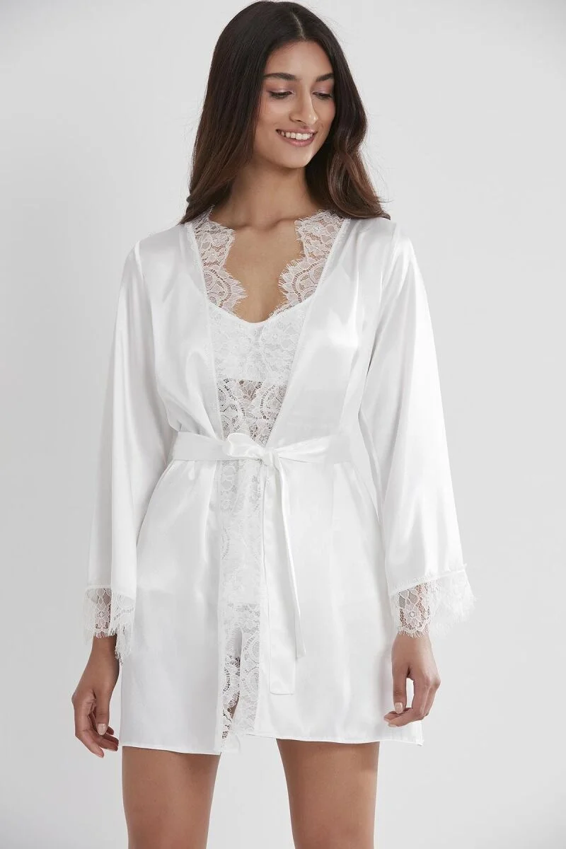 Saten Dantelli 3'lü Kadın Sabahlık Takım  2490 Ekru