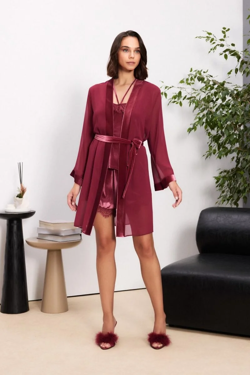 Kadife Saten 3'lü Kadın Pijama Takımı  - 2845 Bordo