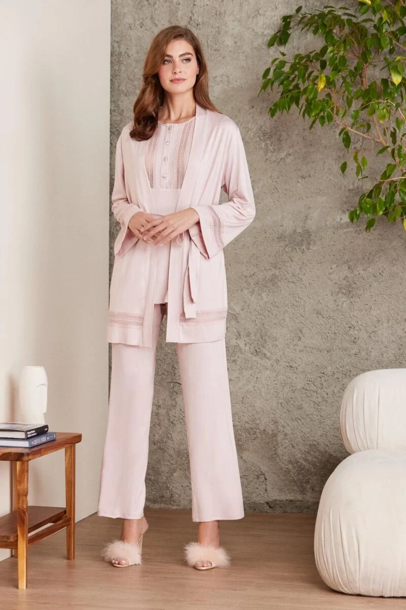 Dantelli Penye 3'lü Lohusa Pijama Takımı  - 2800 Pudra