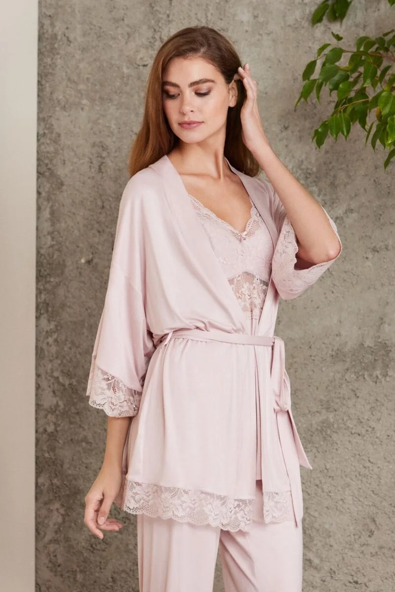 Dantelli Penye 3'lü Lohusa Pijama Takımı  - 2810 Pudra