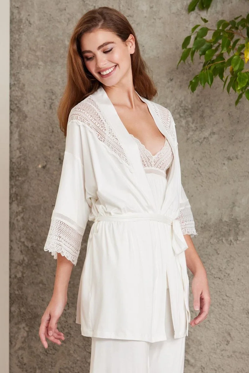 Dantelli Penye 3'lü Lohusa Pijama Takımı  - 2820 Ekru