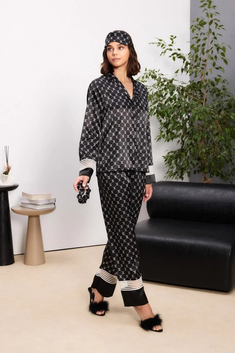 Saten Kadın Pijama Takımı  - 1320 Siyah