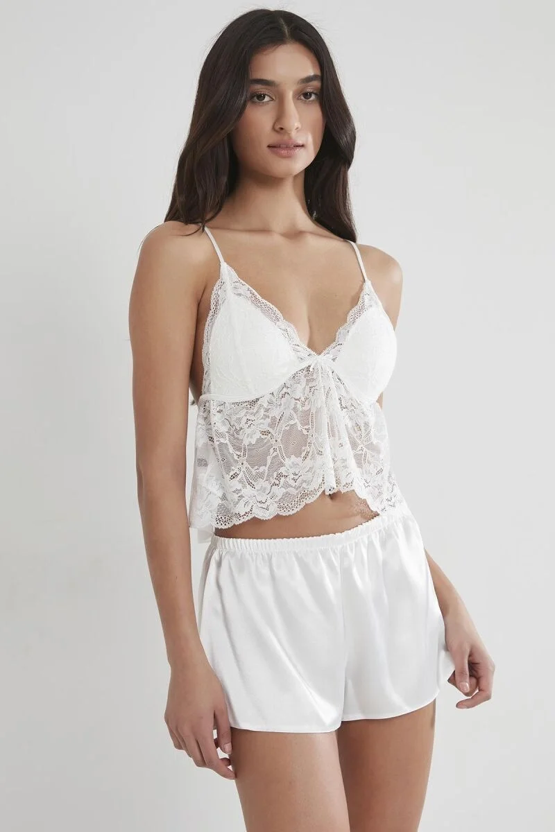 Saten Dantelli Şort - Babydoll Takım - 450 Ekru