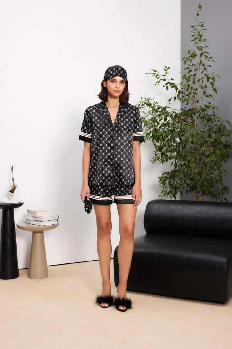 Saten Biyeli Kadın Pijama Takımı  - 1325 Siyah