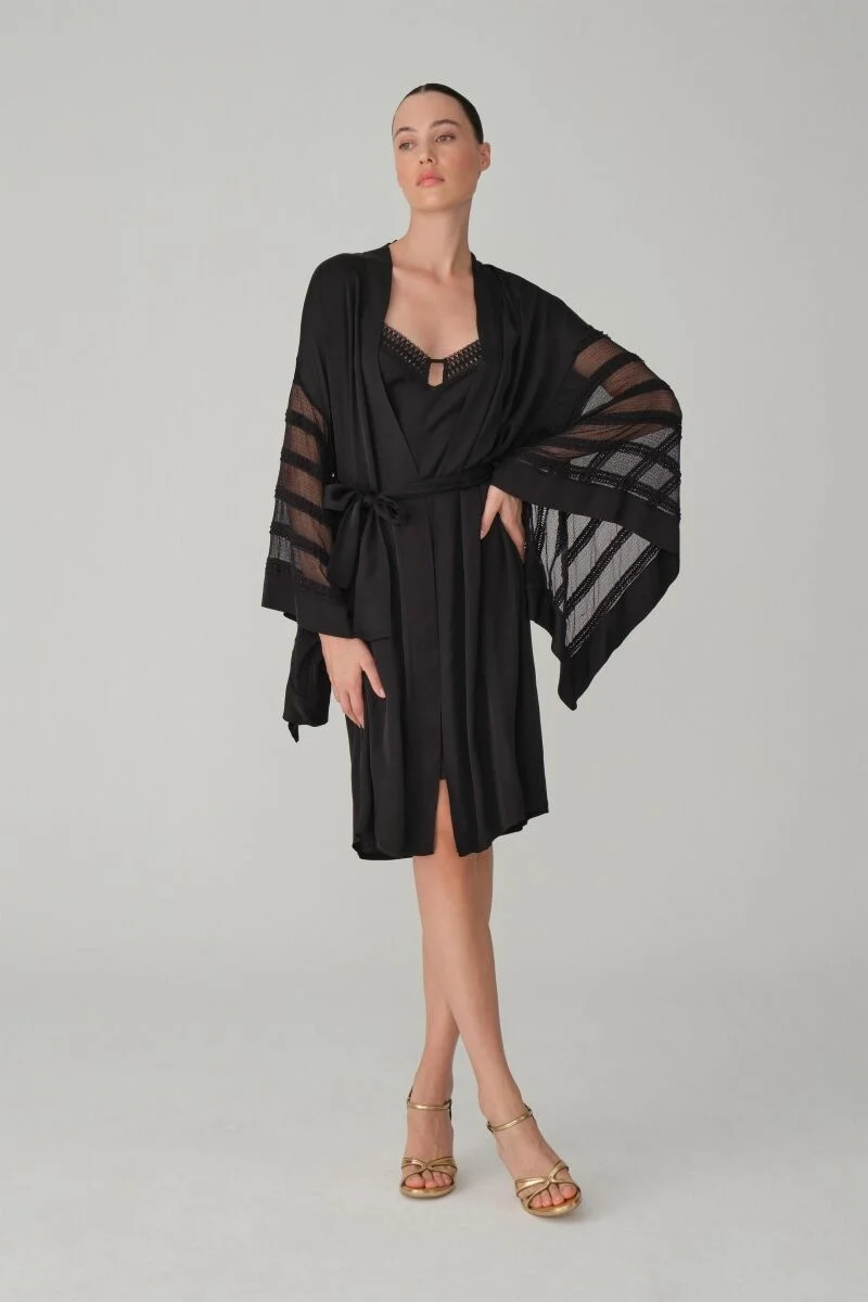 LAURA - Vegan İpek Saten Kadın Gecelik Sabahlık Takımı - LX.26122 Black