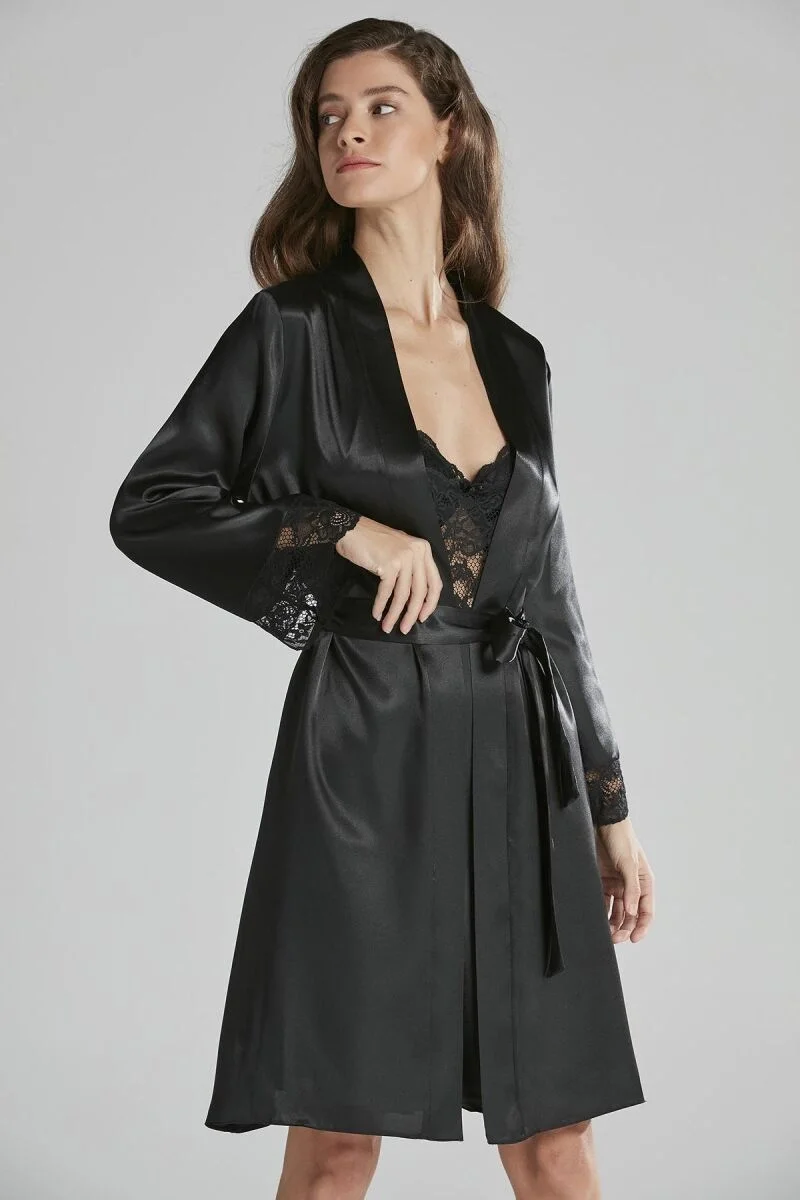 Saten Dantelli Kadın Gecelik ve Sabahlık Takımı - 4265 Siyah