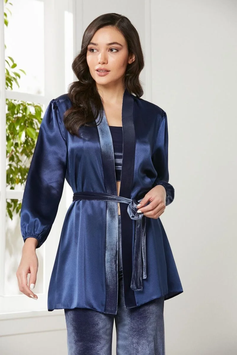 Kadife Saten 3'lü Kadın Pijama Takımı - 2050 Lacivert