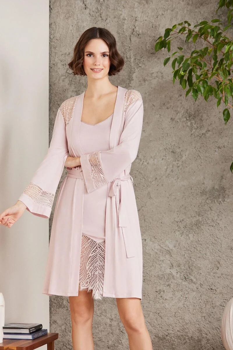 Penye Dantelli Kadın Gecelik ve Sabahlık Takım  - 4015 Pudra