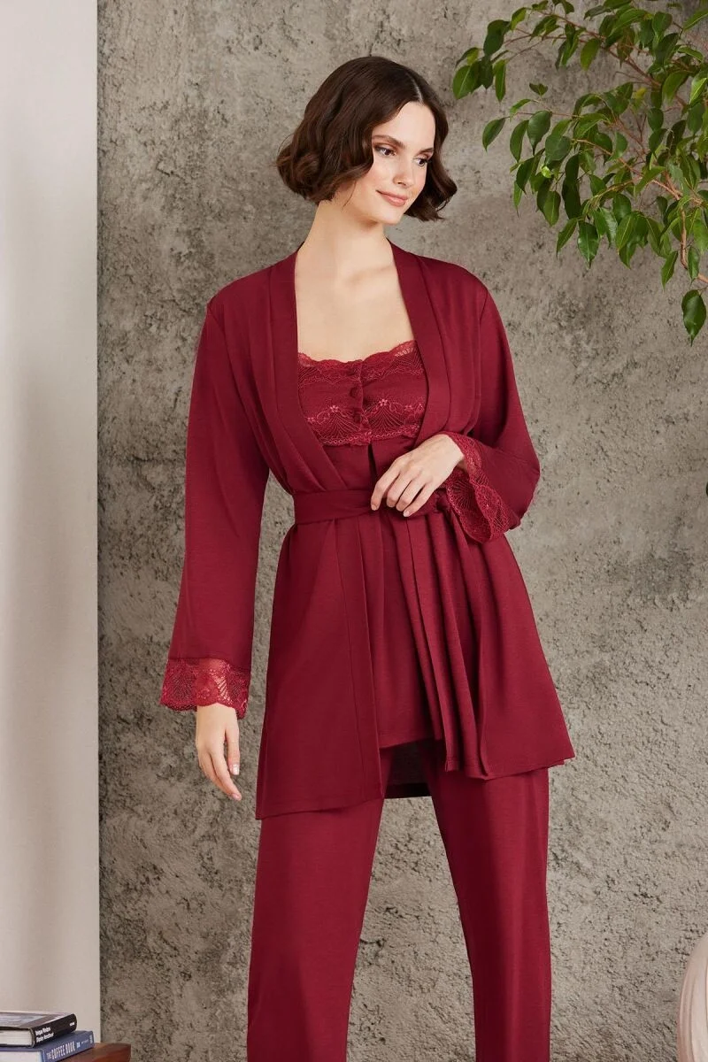 Dantelli Penye 3'lü Lohusa Pijama Takımı  - 2805 Bordo