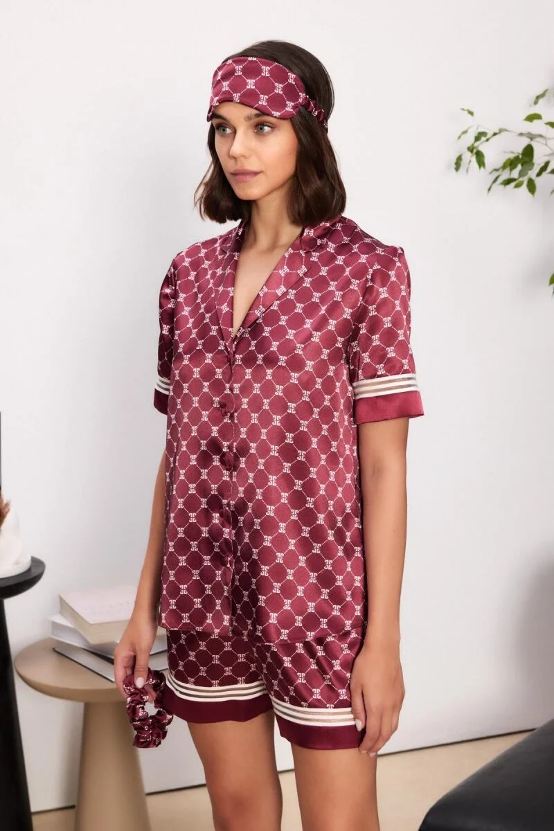 Saten Biyeli Kadın Pijama Takımı  - 1325 Bordo