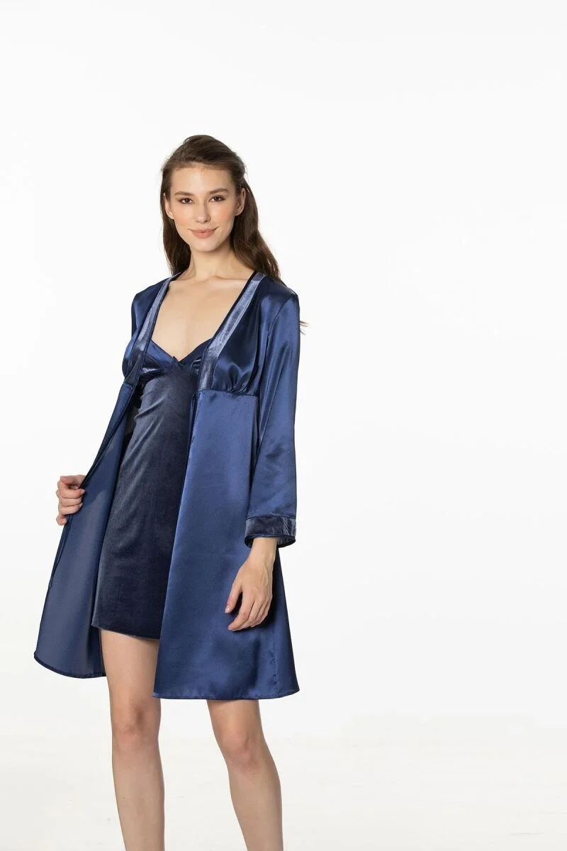 Kadife Saten Kadın Gecelik ve Sabahlık Takımı - 4040 Lacivert