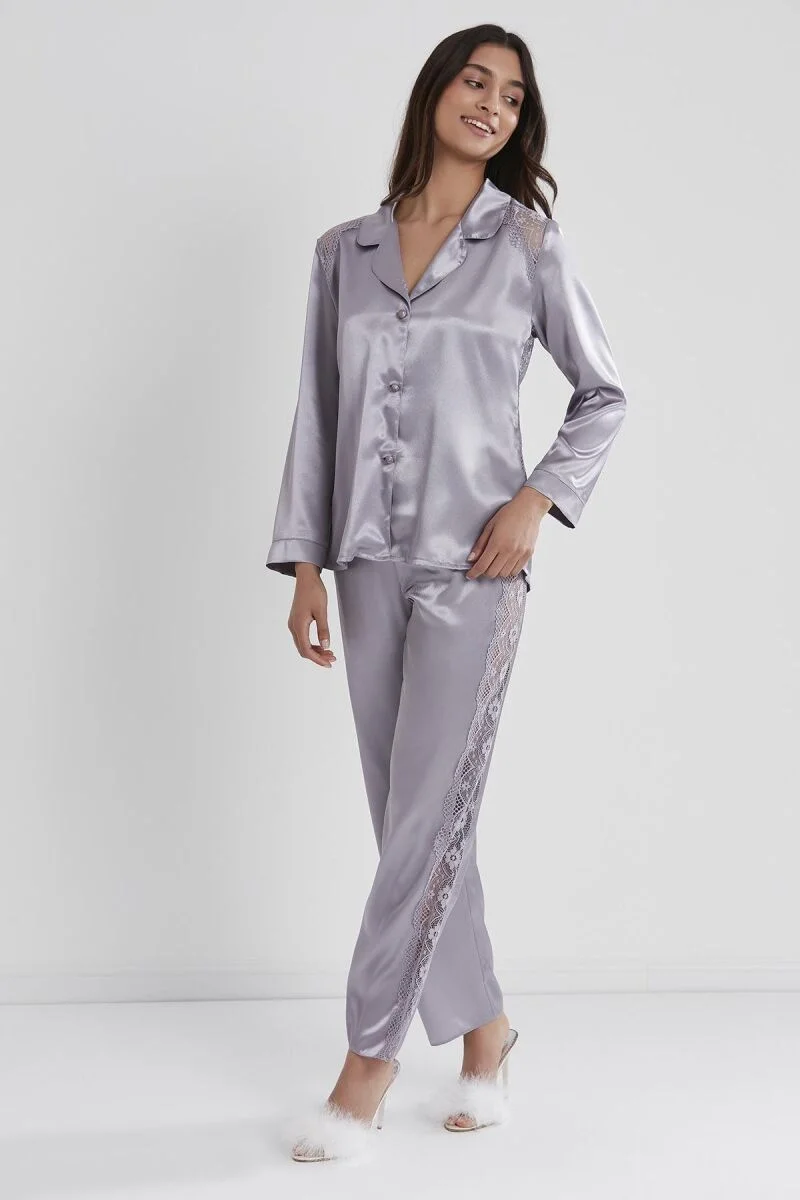 Saten Dantelli Kadın Pijama Takımı - 1438 Royal