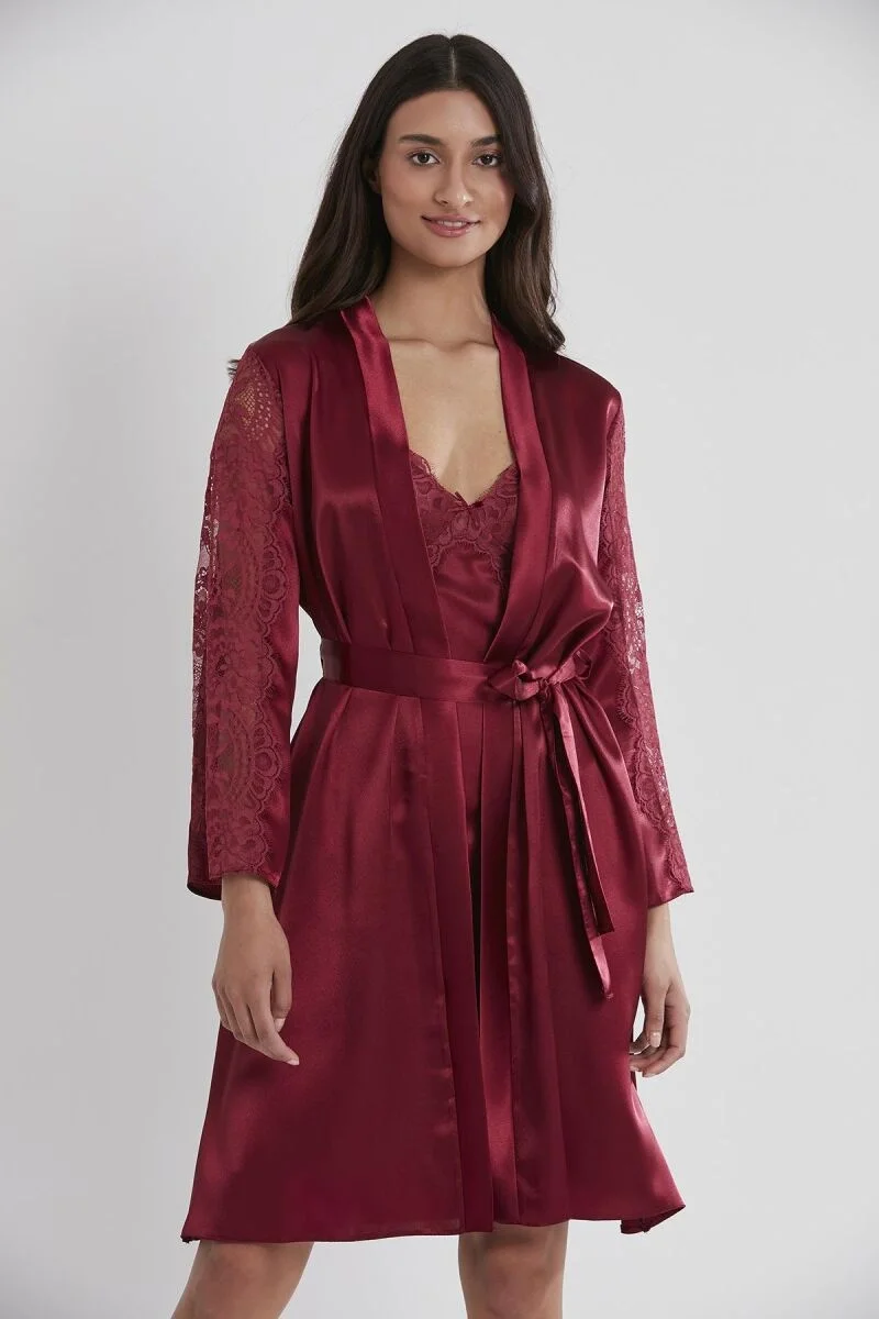 Saten Dantelli Kadın Gecelik ve Sabahlık Takımı - 4025 Bordo