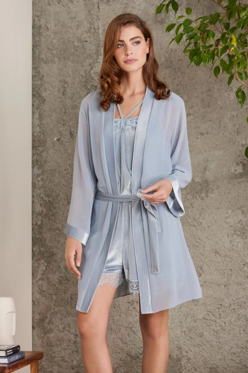 Dantelli Kadife Kadın Sabahlık Tulum Takım - 4800 Mist