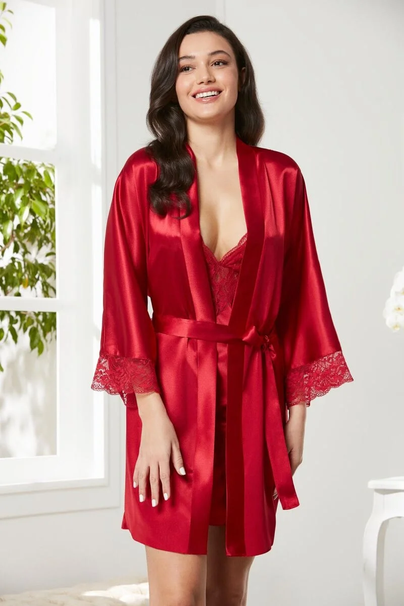 Saten Dantelli Kadın Gecelik ve Sabahlık Takımı - 4280 Kırmızı