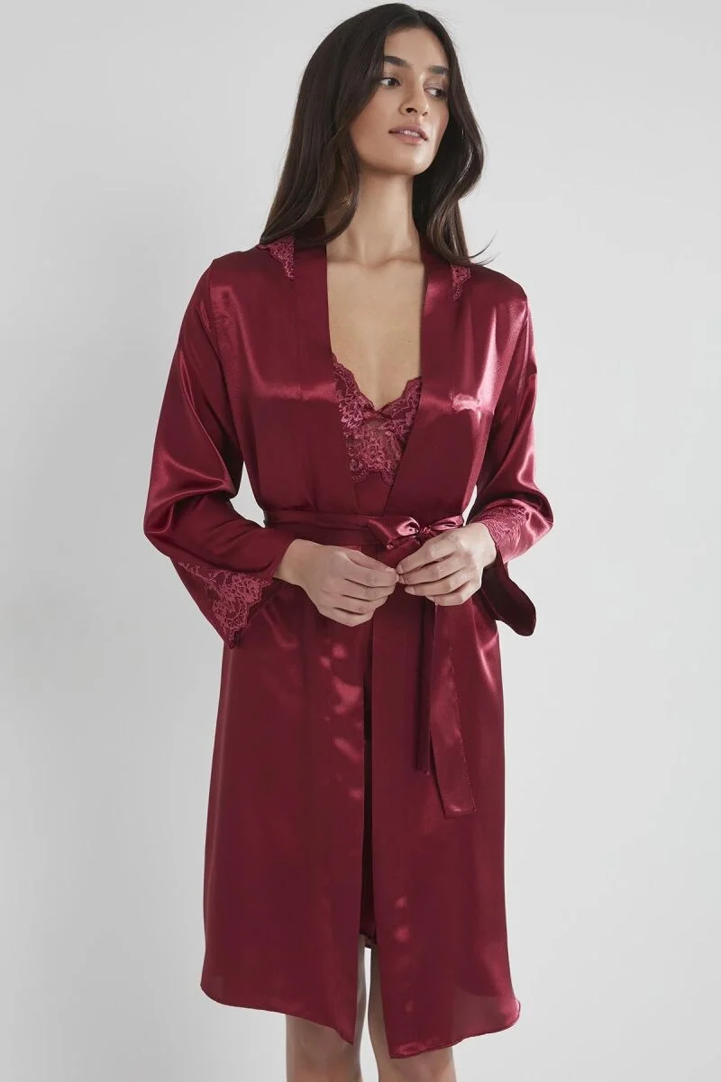 Saten Dantelli Kadın Gecelik ve Sabahlık Takımı - 4050 Bordo