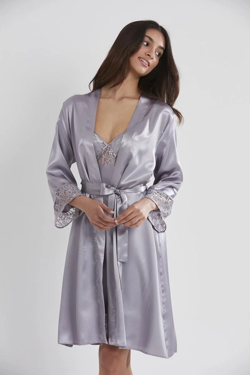 Saten Dantelli Kadın Gecelik ve Sabahlık Takımı - 4075 Royal