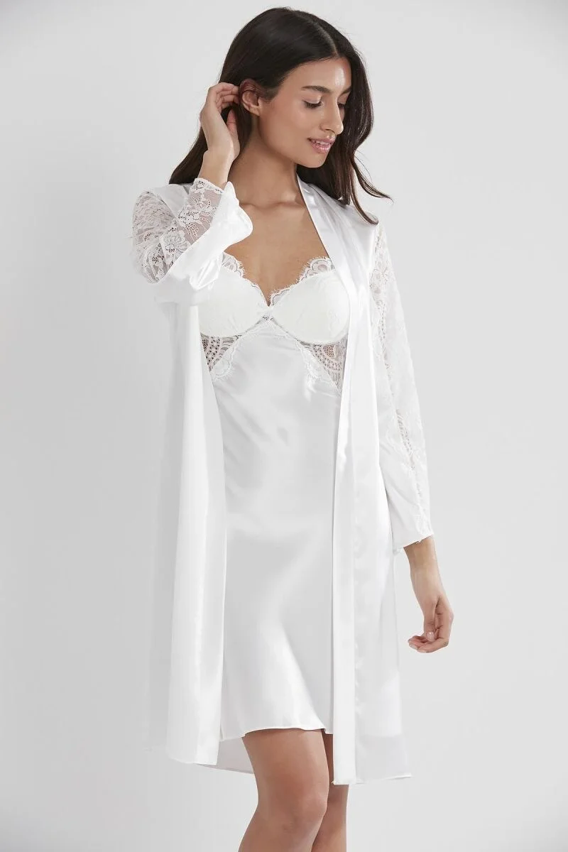 Saten Dantelli Kadın Gecelik ve Sabahlık Takımı - 4025 Ekru