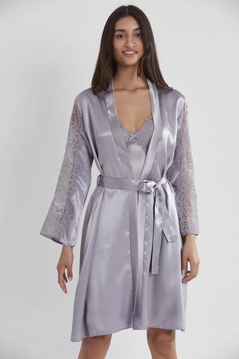 Saten Dantelli Kadın Gecelik ve Sabahlık Takımı - 4025 Royal