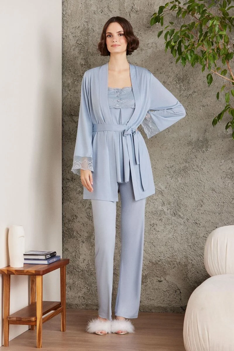 Dantelli Penye 3'lü Lohusa Pijama Takımı  - 2805 Mist