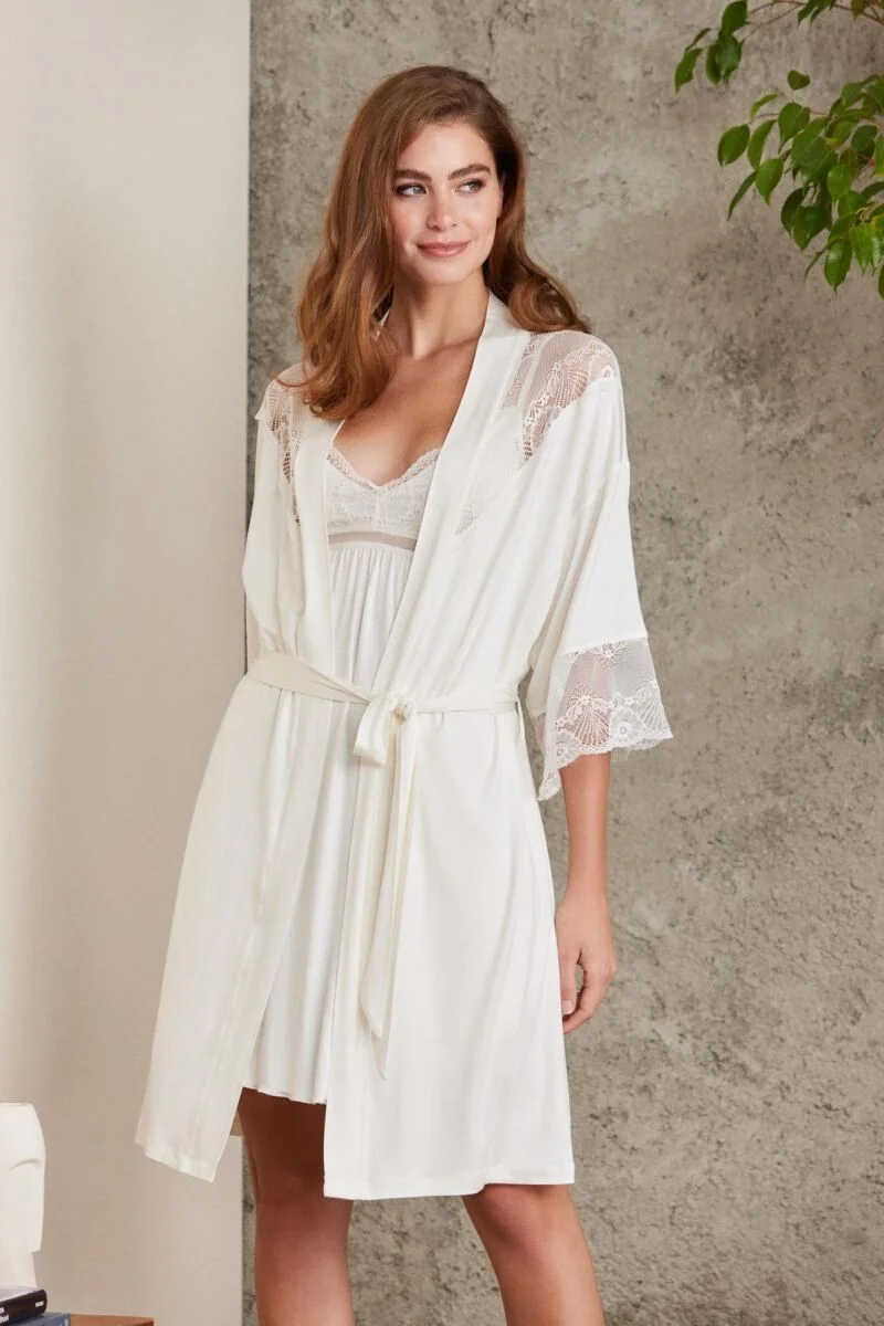 Penye Dantelli Kadın Gecelik ve Sabahlık Takım  - 4010 Ekru