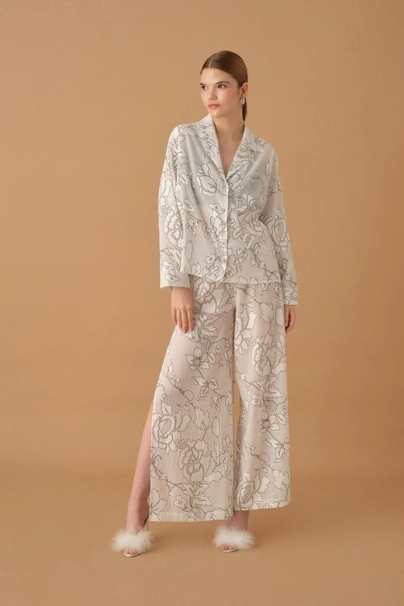 IRIS - Braletli Baskılı Kadın Pijama Takımı - Ivory