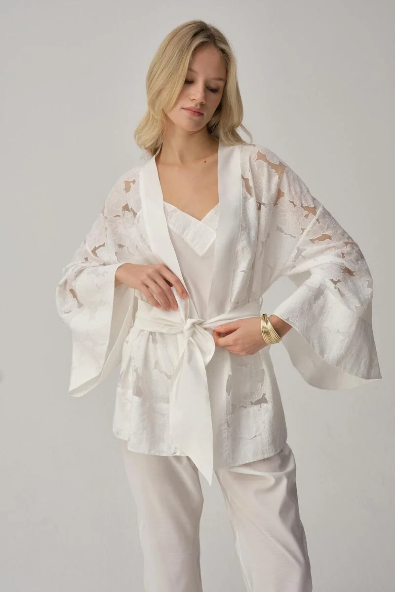 SOPHIE - Vegan İpek Kimonolu Kadın Pijama Takımı - Ivory