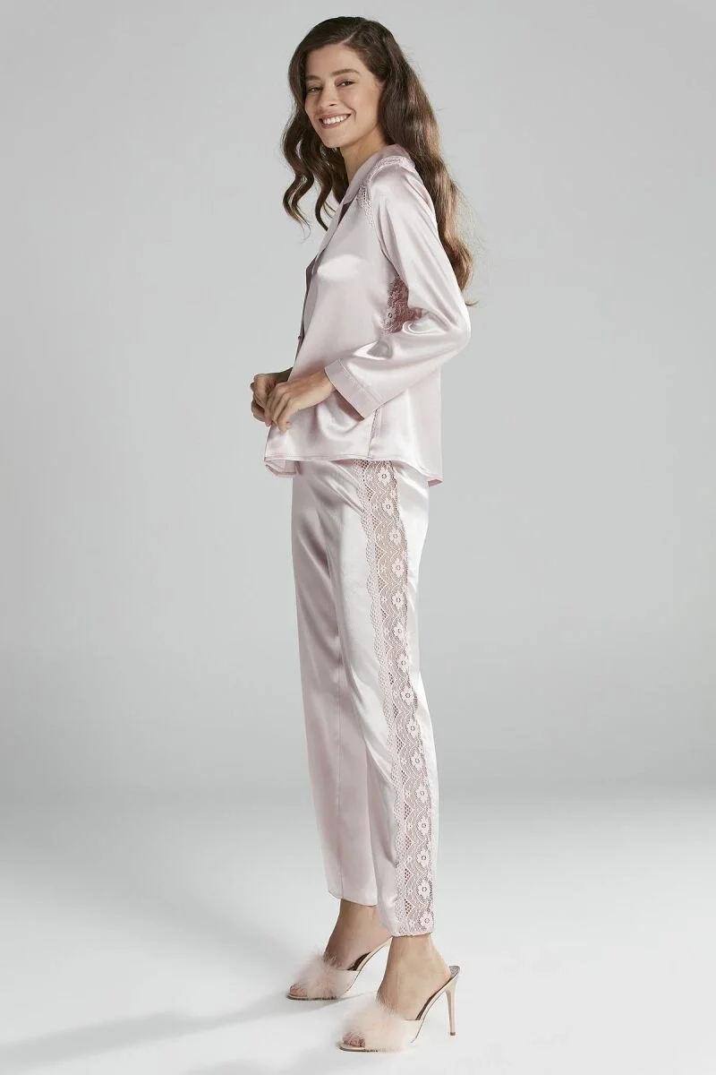 Saten Dantelli Kadın Pijama Takımı - 1438 Pudra
