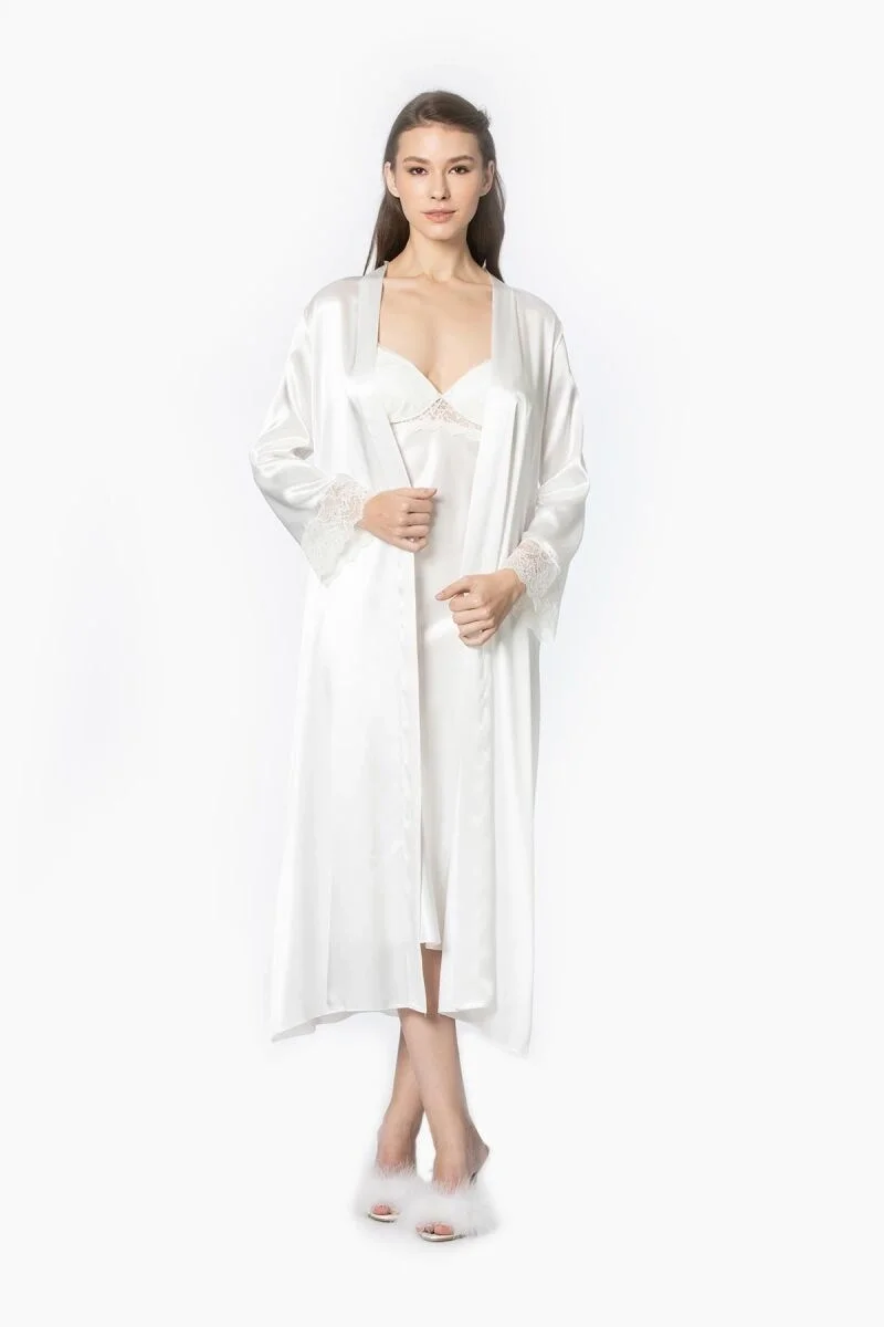Saten Dantelli Kadın Gecelik ve Sabahlık Takımı - 4370 Ekru