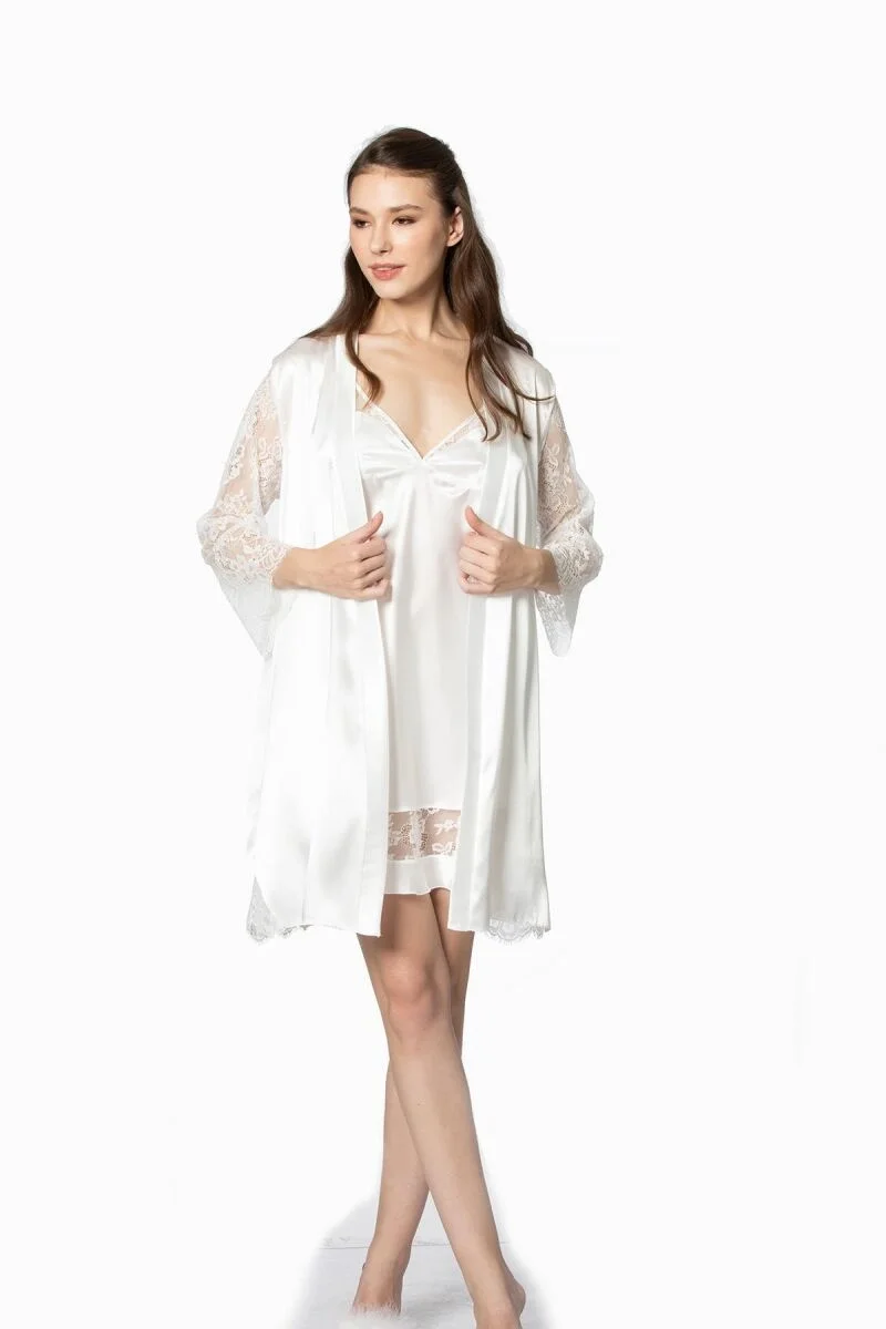 Saten Dantelli Kadın Gecelik ve Sabahlık Takımı - 4065 Ekru