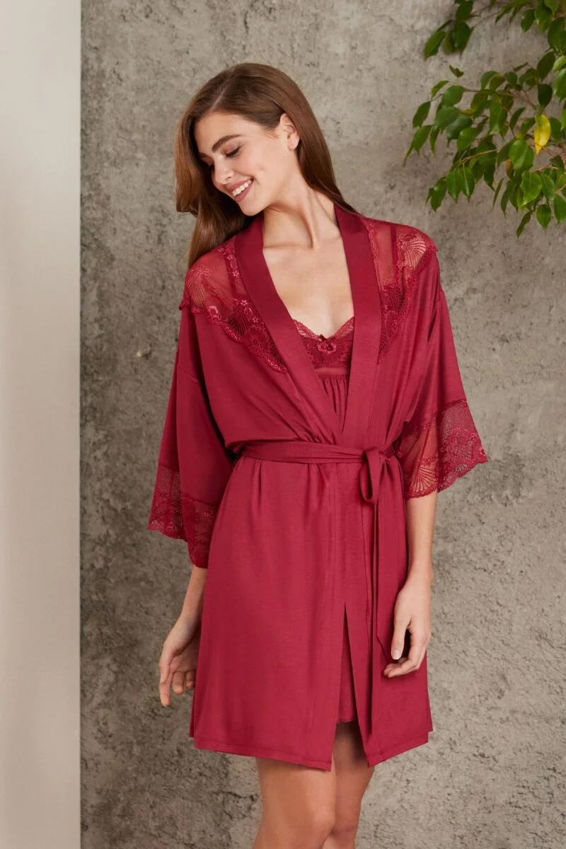 Penye Dantelli Kadın Gecelik ve Sabahlık Takım  - 4010 Bordo
