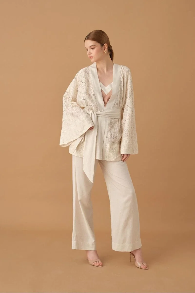 NICOLE - Kimonolu Keten Kadın Pijama Takımı - Neutral