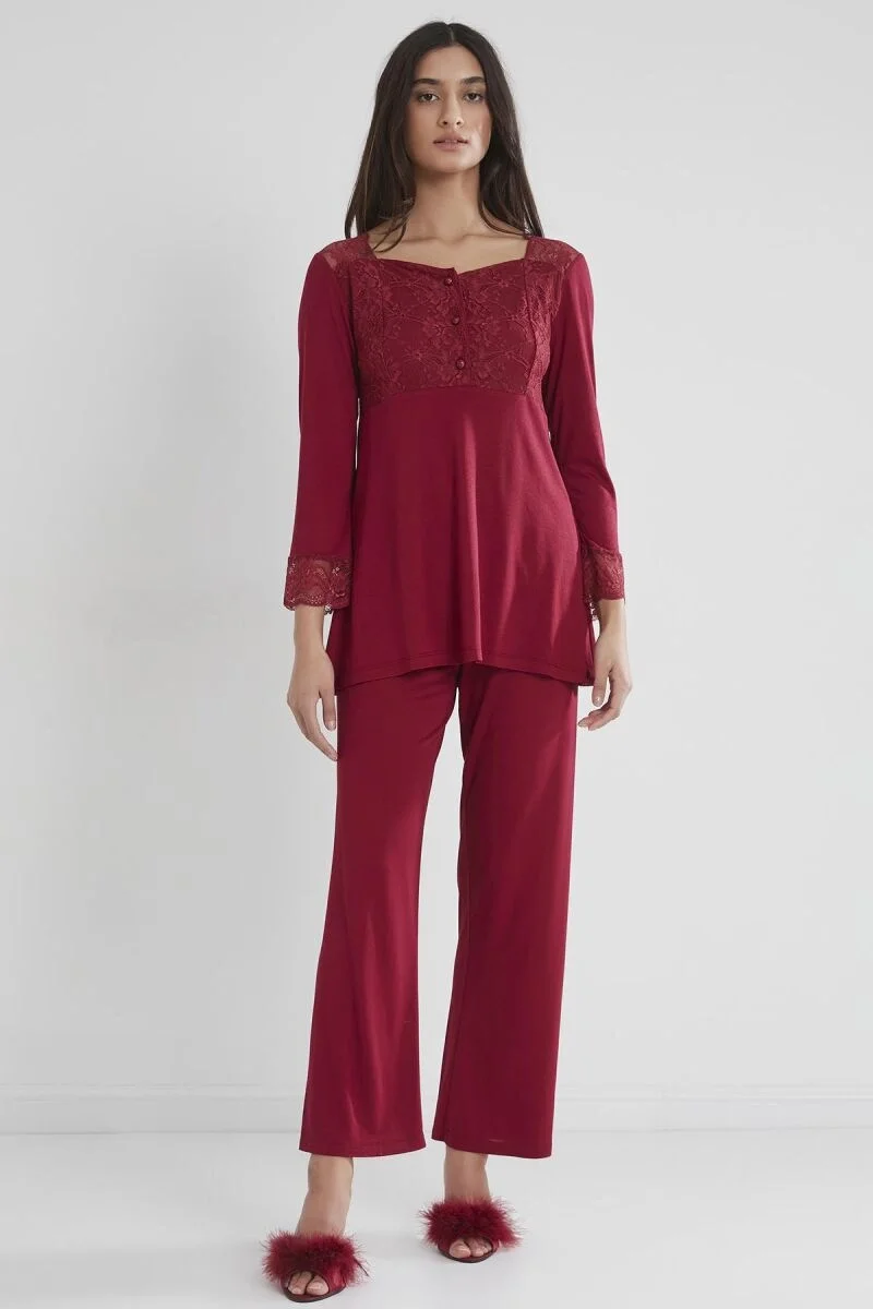 Penye Dantelli Lohusa Pijama Takımı -  1241 Bordo