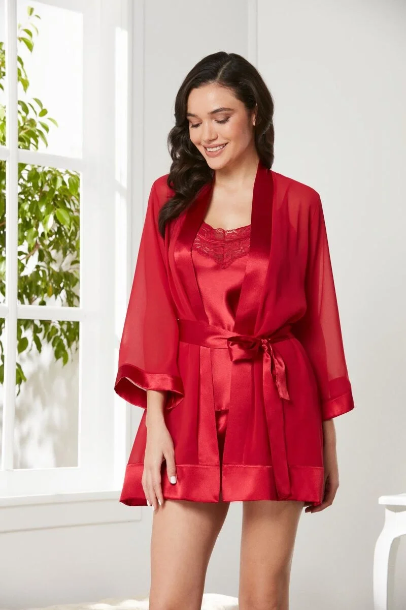 Saten 3'lü Kadın Sabahlık Takım - 2475 Kırmızı