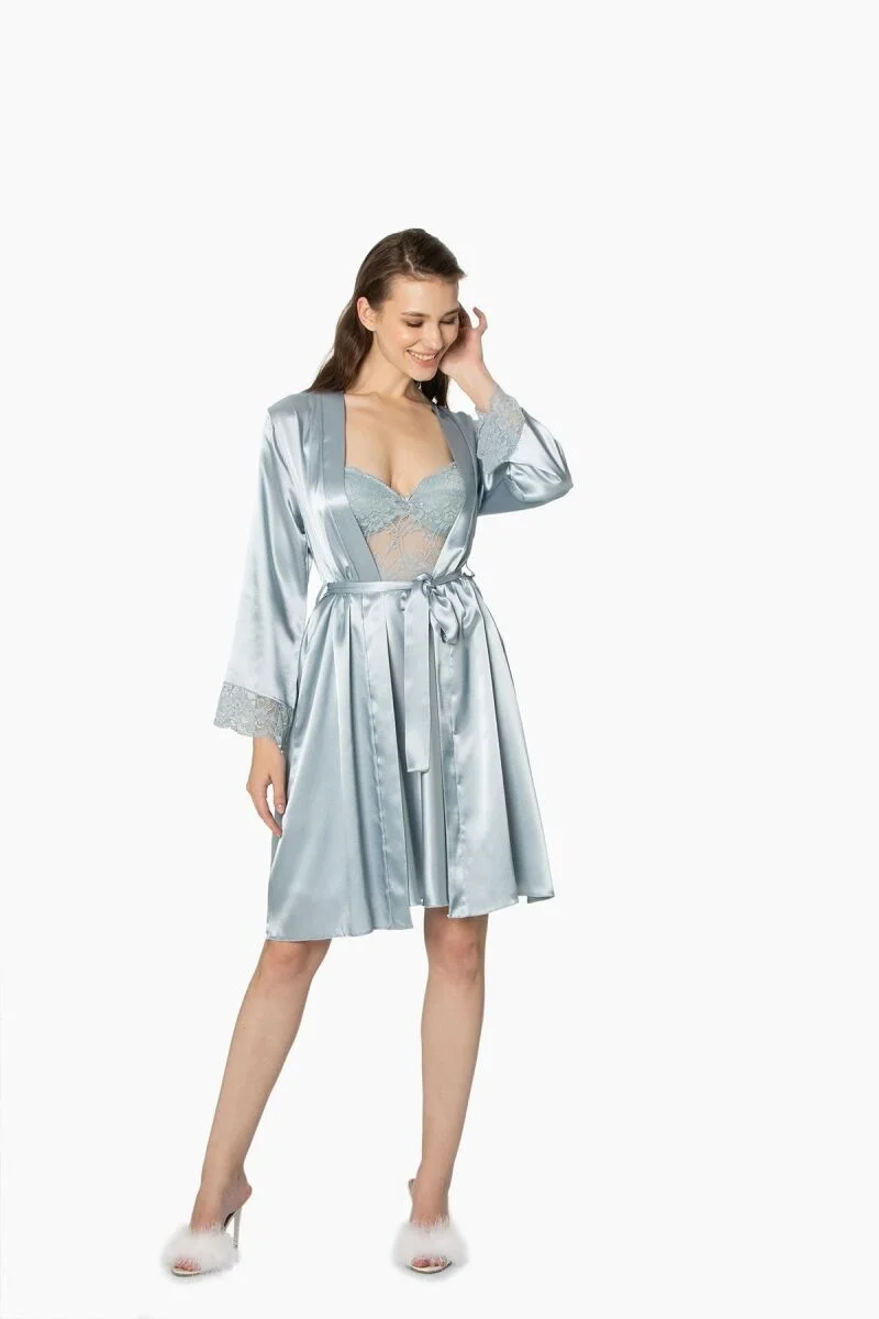 Saten Dantelli Kadın Gecelik ve Sabahlık Takımı - 4265 Mist