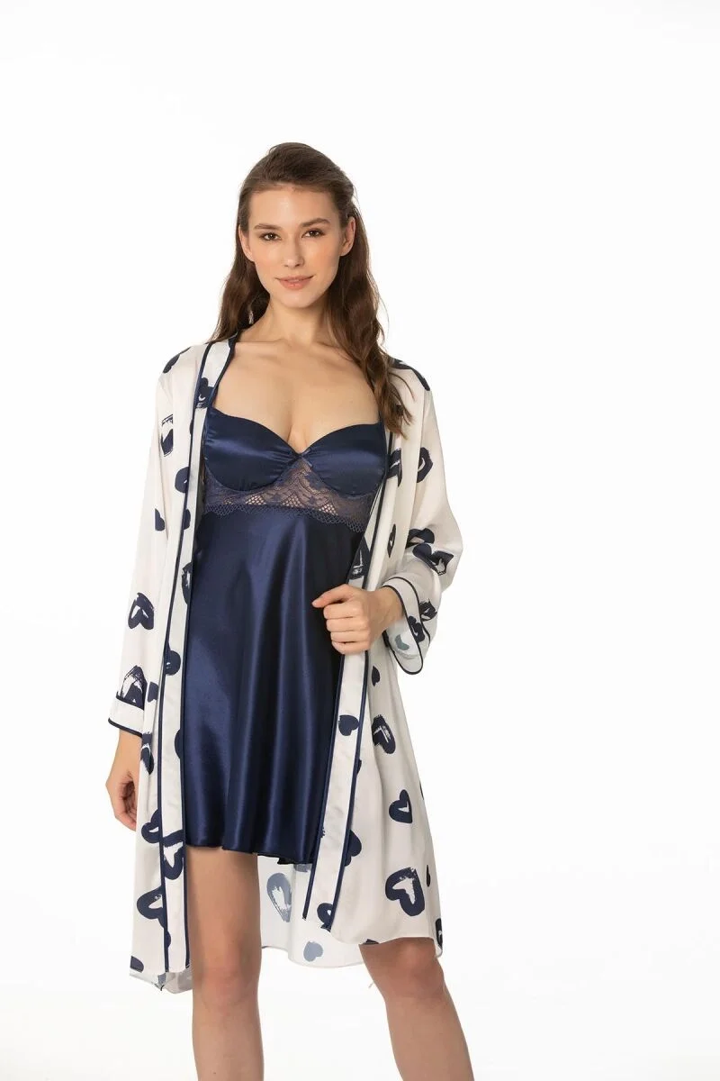 Saten Emprime Kadın Gecelik ve Sabahlık Takım  - 2406 Lacivert