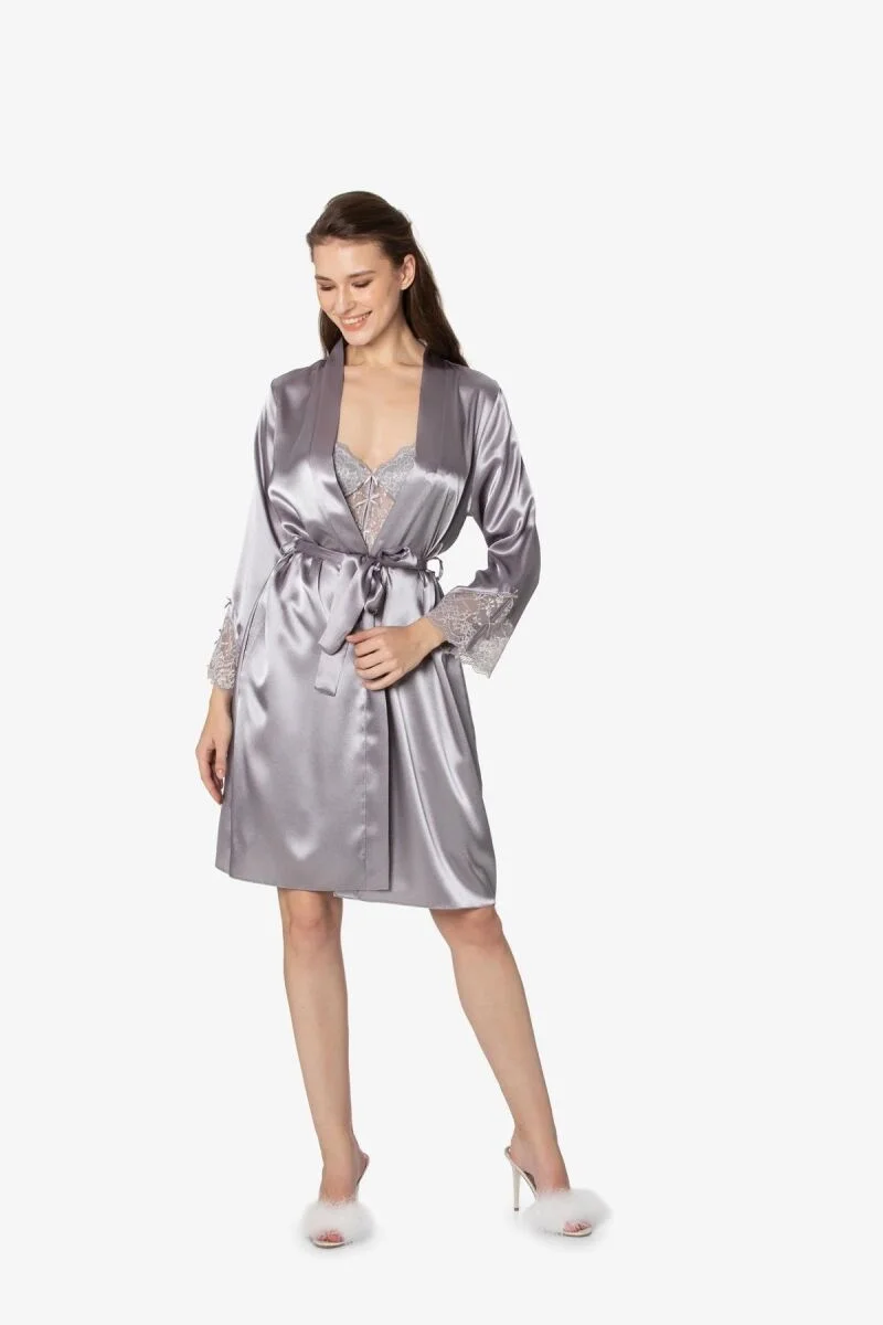 Saten Dantelli Kadın Gecelik ve Sabahlık Takımı - 4300 Royal