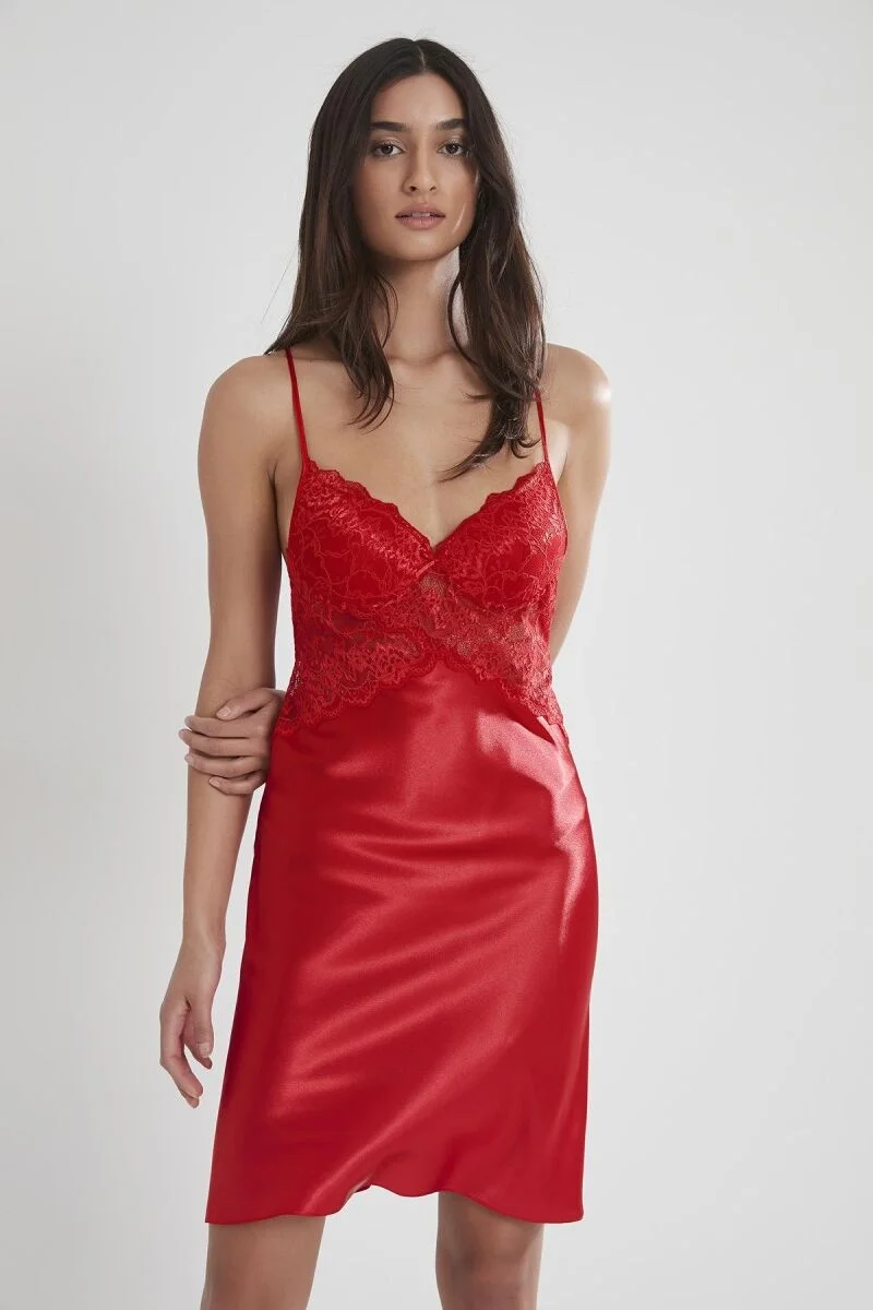 Saten Dantelli Kadın Gecelik -  608 Kırmızı