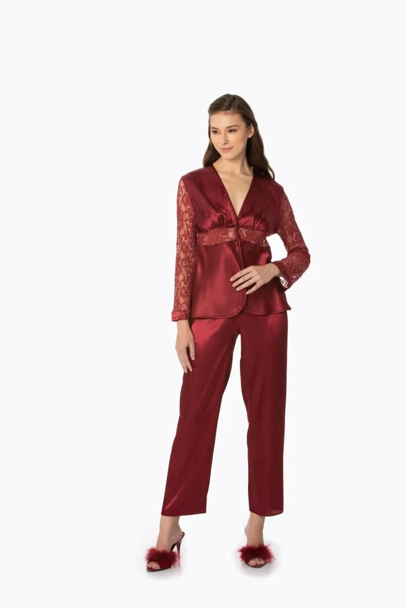Saten Dantelli Kadın Pijama Takımı  - 1121 Bordo