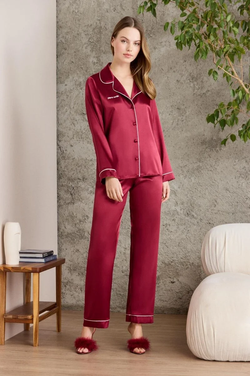 Saten Biyeli Kadın Pijama Takımı  - 1200 Bordo