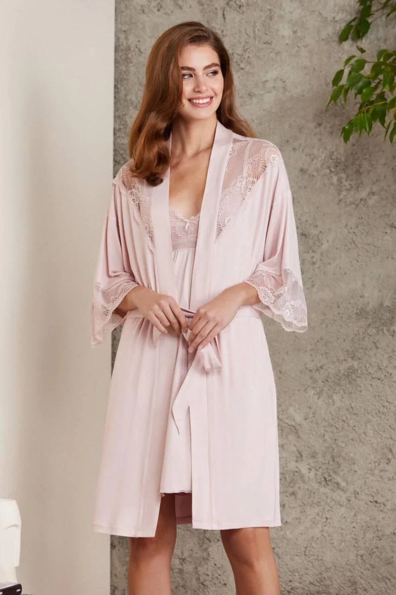 Penye Dantelli Kadın Gecelik ve Sabahlık Takım  - 4010 Pudra